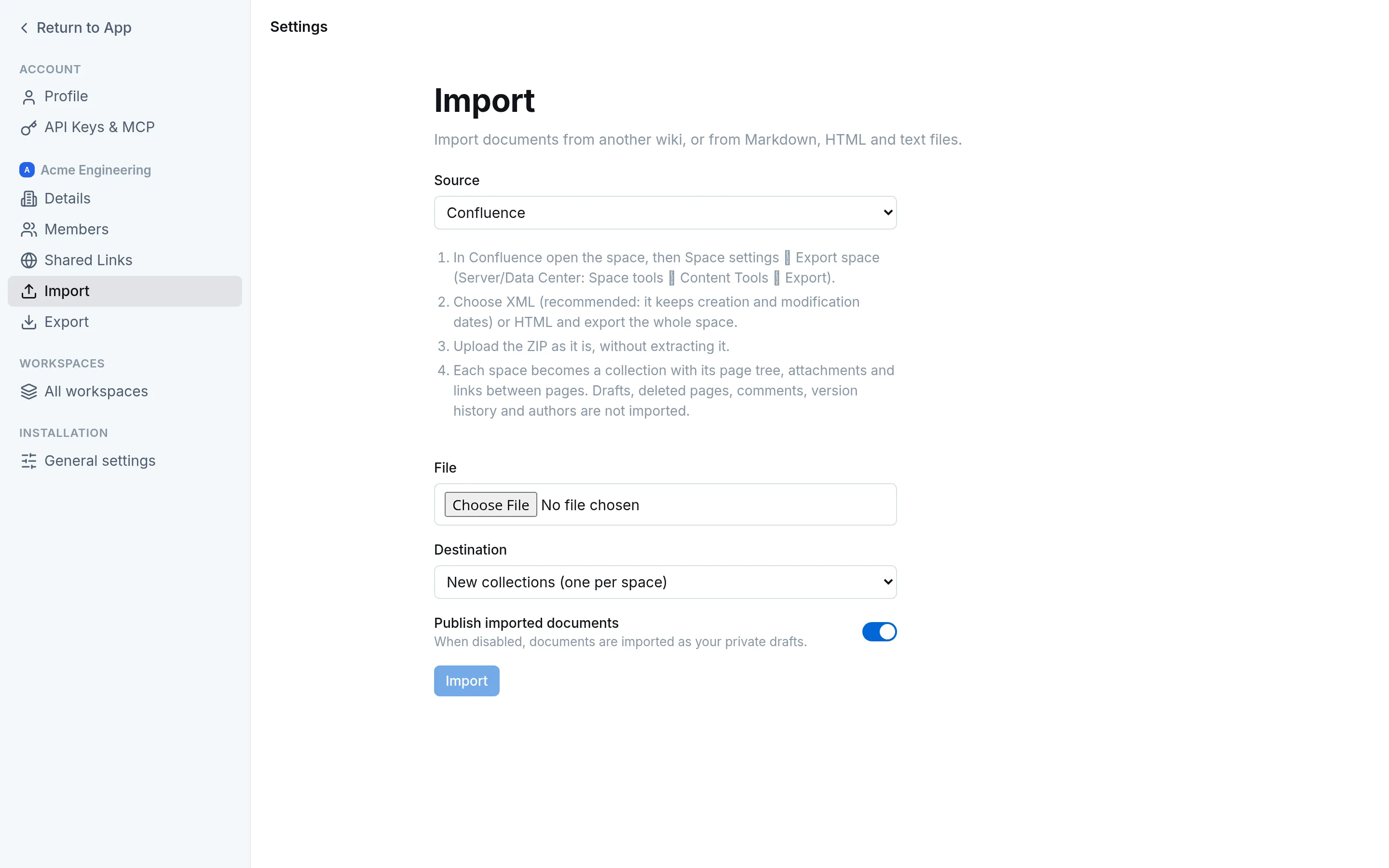 Importing a Confluence export