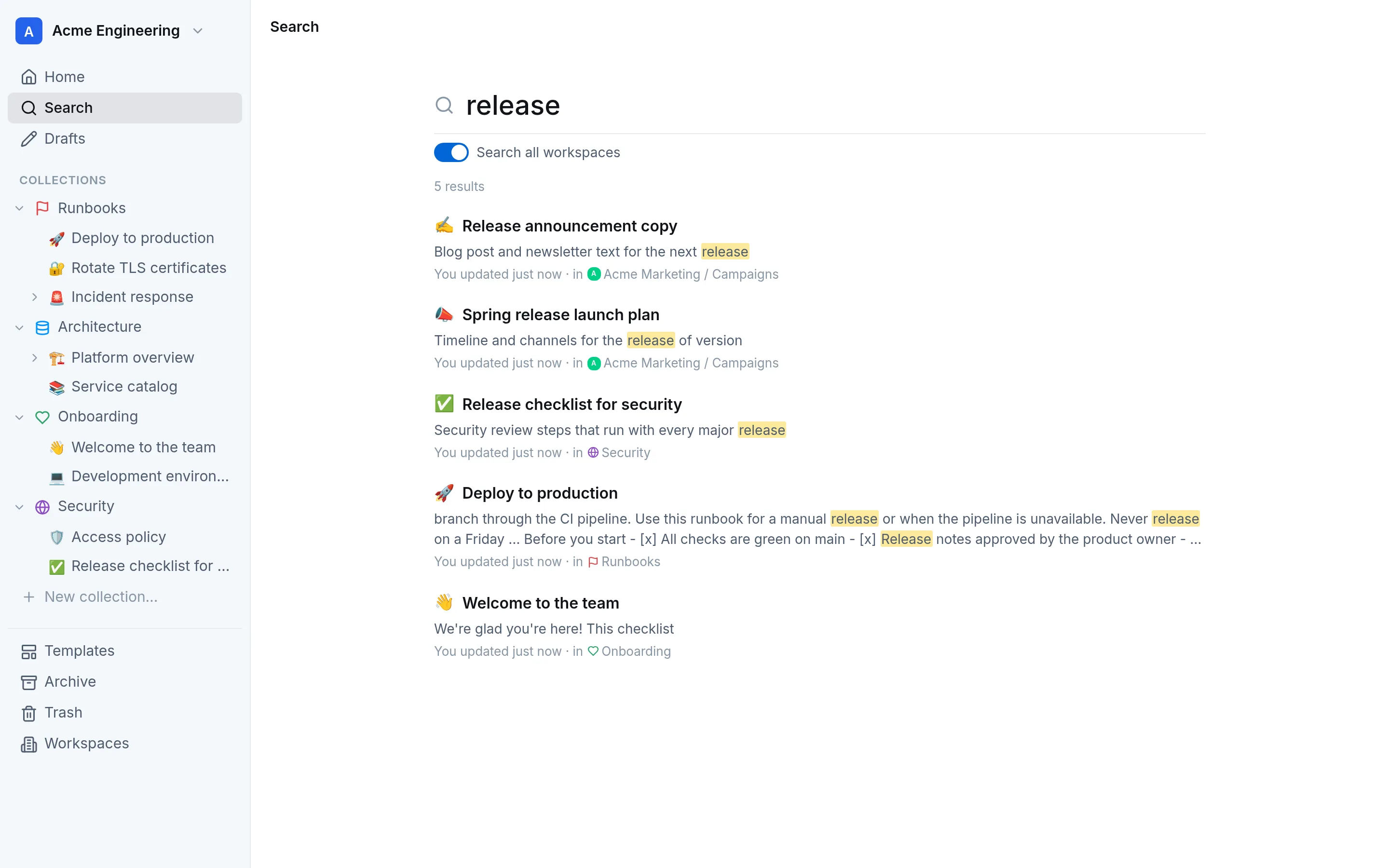 Search results from two workspaces
